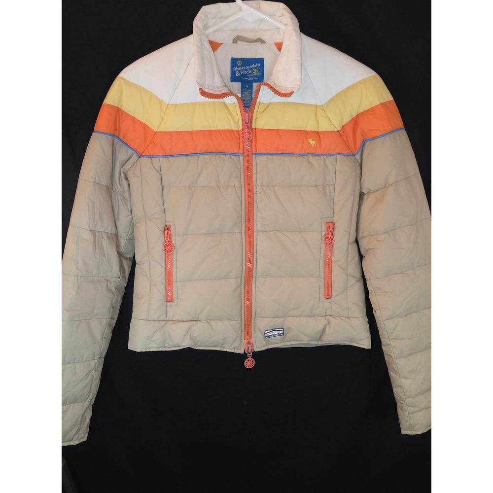 Abercrombie Fitch Vintage Puffer Jacket Ski Wear Orange Beige Full Zip Medium